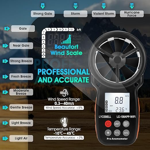 WiFi Anemometer Handheld, Digital Wind Speed Meter with Smart APP, 0.3-40m/s Range, Temperature Measuring, Data Logging, CFM Air Flow Meter for HVAC Outdoor Hunting Sailing Shooting Drone