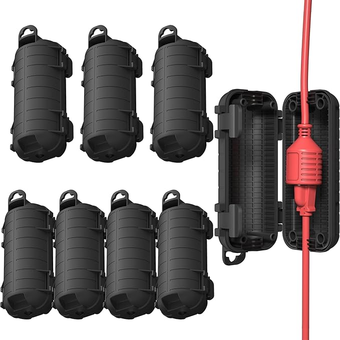 Extension Cord Cover Outdoor, 8 Pack IP54 Water-Resistant Power Cord Protector Electrical Connection Box Outside Cable Safety Cover for Electronics Plug Outlet Tool Holiday Light, Black