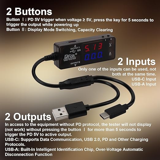 DROK USB Tester, USB-A USB-C 2.0 Multimeter Dual USB Ports PD QC 3.0 with Color LED Display Battery Charger Monitor, 7 Modes Capacity Voltage Current Power for Laptop Power Bank Solar Panel