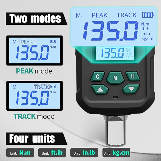 1/2" Digital Torque Adapter Set with Socket Adapters (1/4", 3/8") - 5-99 ft-lb, ±2% Accuracy, Buzzer & LED Alerts, Working with Ratchet Wrench, Breaker Bar - Automotive, Motorcycle & Car Repair