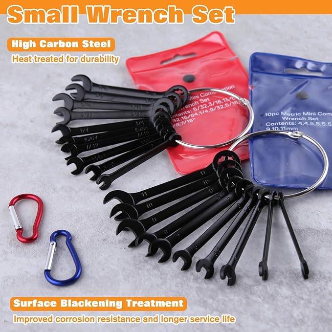 20PCS Mini Wrench Set Standard Metric and SAE 4mm-11mm & 5/32"-7/16" Open End and Box End Combination Wrench Set Super with Portable Pouch and Key Rings, Black Electrophoretic Coating