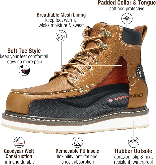 HISEA NINGO Work Boots for Men Steel/Soft Toe Boots,6” Water Resistant Slip Resistant Industrial & Construction Work Shoes, Composite Toe Working Boot
