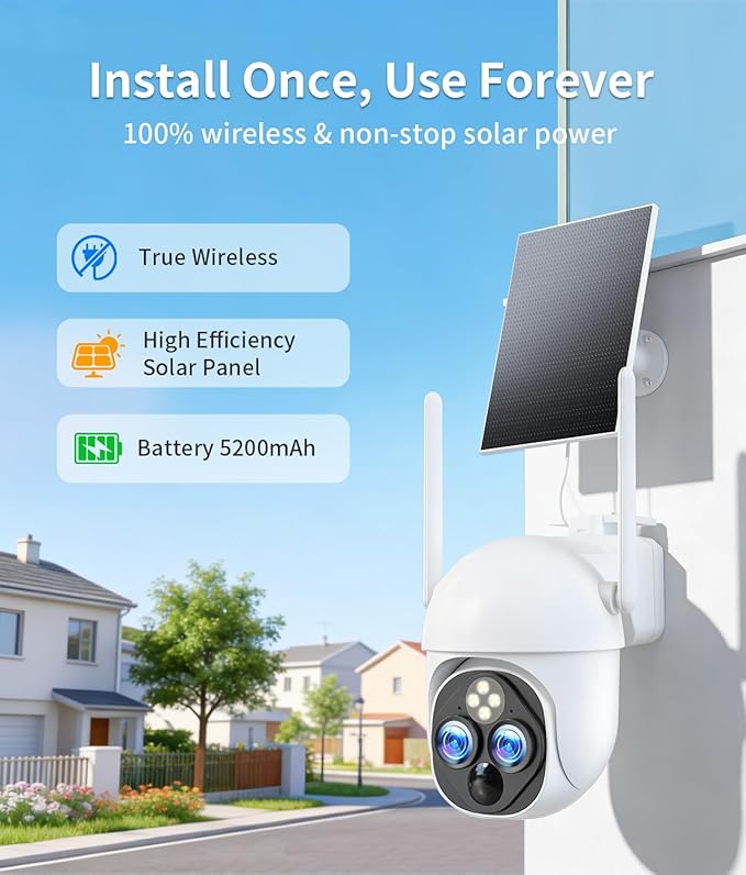 Dual-Lens Solar Security Cameras Wireless Outdoor, 10x Zoom to See Further 360 PTZ WiFi Camera for Home Security with Color Night Vision, AI Body Detection, 2-Way Audio, Spotlight Siren Alarm