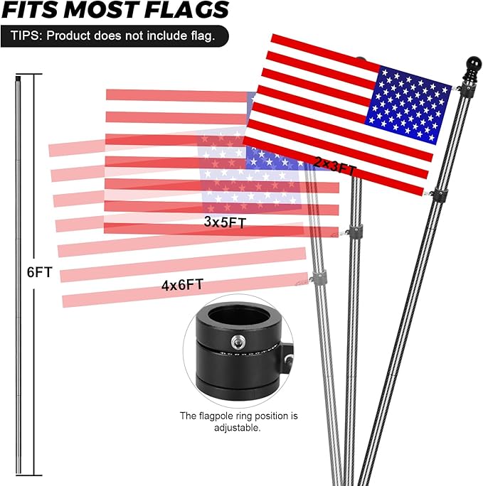 6FT Carbon Fiber Flag Pole, Flagpole for Outside House, Porch Flagpoles, Tangle Free Black Flag Pole Kit, Wind-Resistant, Bend-Resistant, Rust-Free (Includes Bracket, Plain Carbon Fiber)