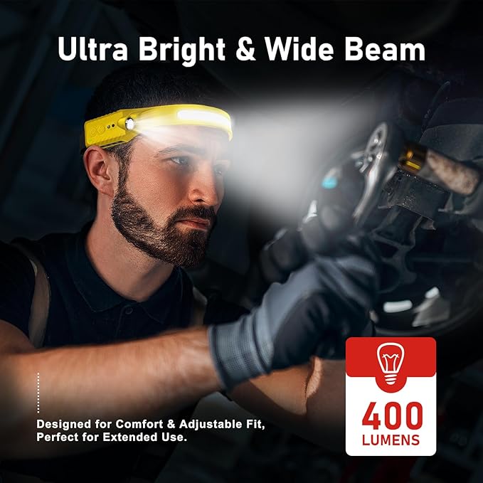 Rechargeable LED Headlamp, 400 Lumens, 230° Wide Beam, USB-C, 5 Modes — Lightweight, Adjustable Headband; Hard Hat Clips for Camping, Hiking, Running, Repairs & Gift (1, Yellow)