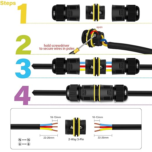 NineLeaf 96 Pack IP68 Waterproof Electrical Wire Connector, Screw Type 3-Pin M20 Cable Connectors Ø5-12mm, Outdoor Junction for Garden, Pond, Pathway, Underground Lighting Installation