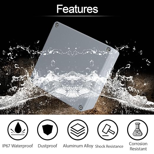 LeMotech Junction Box, Aluminum Alloy Metal Electrical Box, IP67 Waterproof Dustproof Project Box, Outdoor Universal Enclosure, Grey 6.3x6.3x2.7in (160x160x70mm)