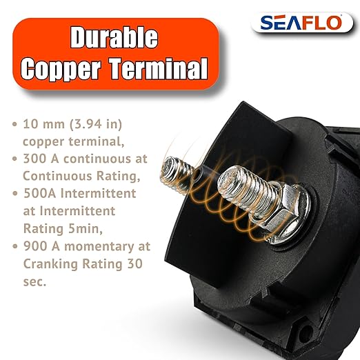 SEAFLO 300A Battery Disconnect Switch –12V/24V/48V Heavy-Duty Isolator Switch, Single Circuit ON/Off, IP66 Waterproof, Auto, Marine, Boat, RV, Car, ATV, CE & RoHS Certified (On/Off w/No-Cover|1-Pack)