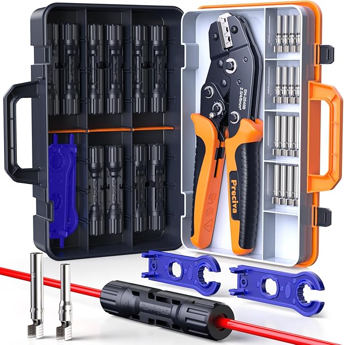Preciva Solar Crimper Tool Kit, 10 Pairs MC4 Connectors & 2 Wrench, 1 Ratcheting Crimper for 16-6 AWG (2.5-6mm²) Cable, Waterproof PV Connector Assembly Kit with Carry Case for Solar Installation