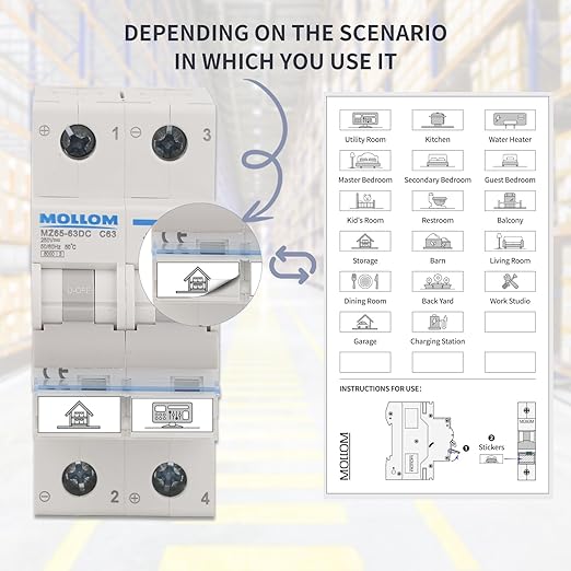 MOLLOM DC 2 Pole Miniature Circuit Breaker, 500V 10Amps, C10 Scene Visualization Custom MCB Thermal Magnetic Trip, 6KA Breaking Capacity DC Disconnect Switch for Solar PV System