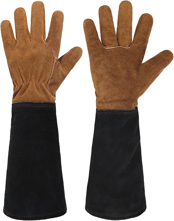 HANDLANDY Leather Gardening Gloves for Men & Women, Rose Pruning Thorn Proof Garden Glove, Long Sleeve Gauntlet Gloves (Caramel Brown, Medium)