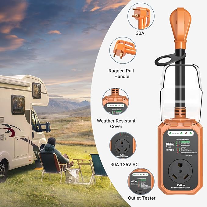 EyGde RV Surge Protector 30 Amp Waterproof, RV Circuit Analyzer with Full Electrical Protection, Power Plug Adapter Protectors for 30amp Camper Travel Trailer Accessories