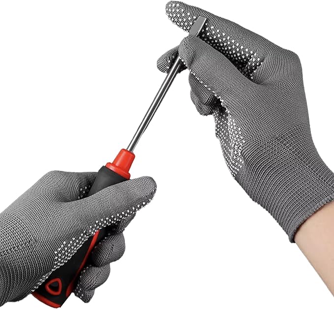 14 Pair Work Gloves With Anti-slip Grip Liners, Knitted Nylon Dot Grip Safety Gloves for Men & Women - Black/Grey