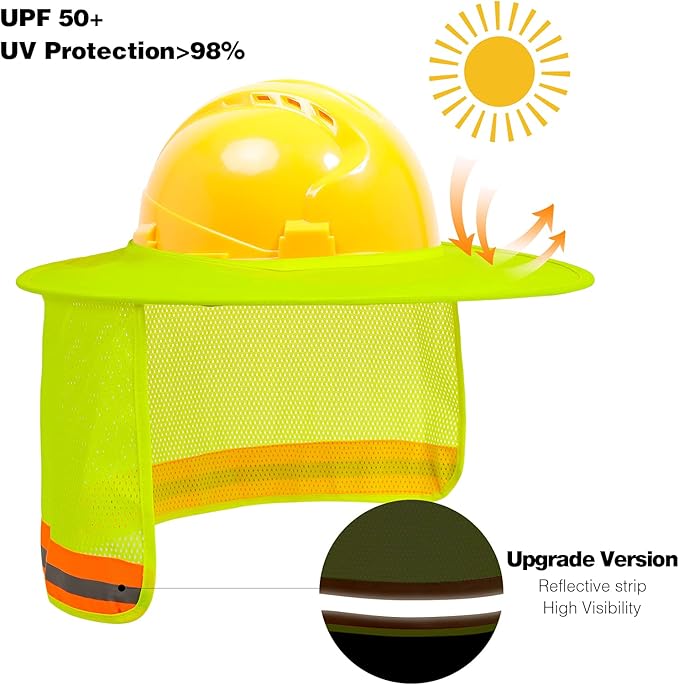 Hard Hat Sun Shade, High Visibility Sun Visor Neck Shade with Reflective Strip, Full Brim, Man & Woman (Hard Hat Not Included), Yellow, 4 Pack
