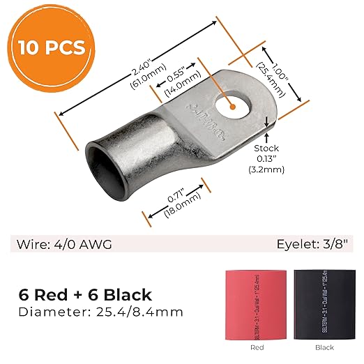 SELTERM 10pcs - 4/0 Awg - 3/8" Stud - Battery Lugs - Ring Terminal Connectors with 12pcs 3:1 Black & Red Heat Shrink Tubing with Adhesive | Heavy Duty Battery Cable Ends - Tinned Copper Wire Lugs Kit