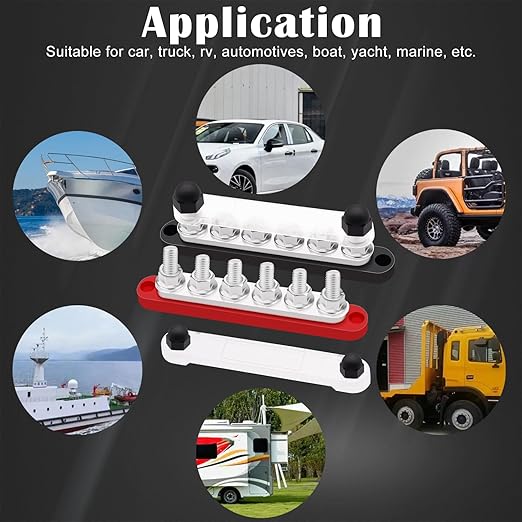 350A Bus Bar 12V Marine 6 x 3/8" (M10) Terminal Studs 12V-48V Power Distribution Block with Cover,with 4PCS Battery Lugs and 4PCS Heat Shrink Tubing Busbar for Boat Automotive Car