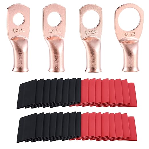6 AWG Pure Copper Ring Terminal Kit (62 Pcs) - 30 Battery Lugs (1/4", 5/16", 3/8", 1/2") with 32 Heat Shrink Tubes for 6 Gauge Wire in Automotive, Solar, Inverter, Marine, RV Applications
