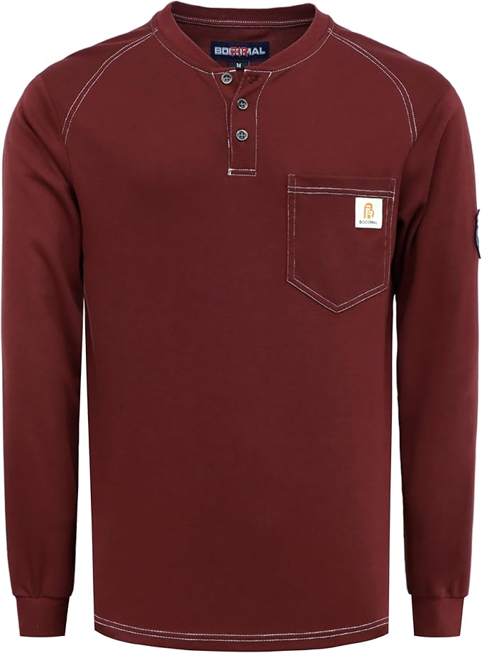 BOCOMAL Men's FR Henley Shirt Flame Resistant 5.5oz Cotton Long Sleeve Workwear UL NFPA2112 CAT2 Welding Tee