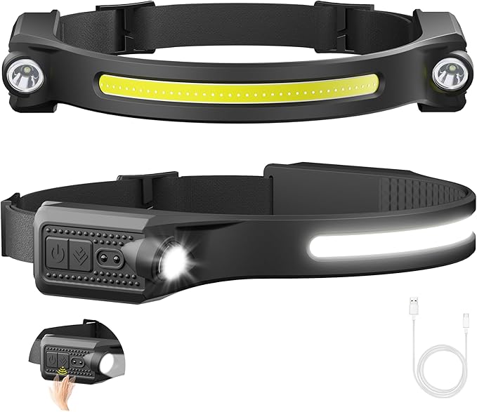 AlpsWolf LED Headlamp Rechargeable, 2 XPE LED and COB LED Head Lamp, Motion Sensor, 260° Wide Beam, IPX4 Waterproof, Rechargeable Headlight for Camping Accessories (2 Pack)