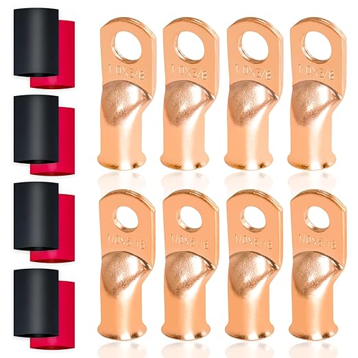 16 PCS Battery Terminal Connectors Kits, Battery Cable Ends Lugs, 1/0 Gauge Wire Connectors, 1/0 AWG 3/8" 5/16" Stud Ring Terminals, Copper Wire Lugs with Heat Shrink Tubing.