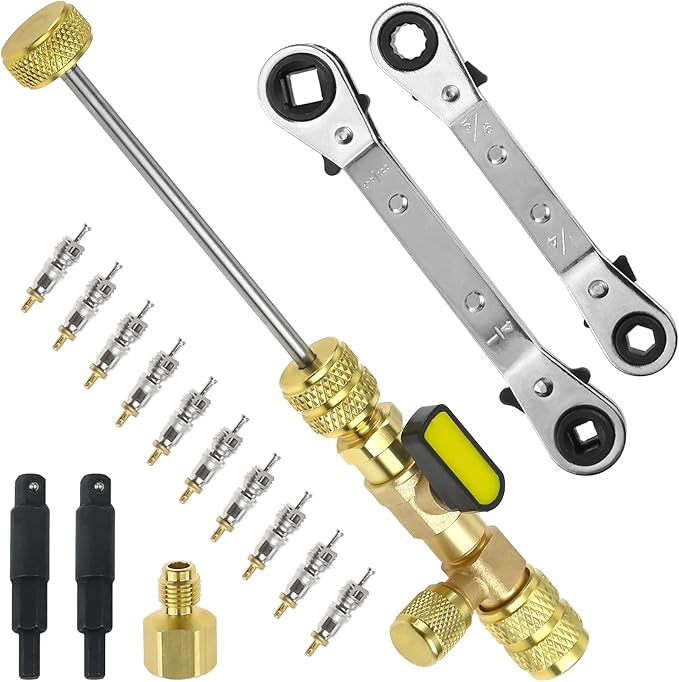 Valve Core Remover Installer Tool and HVAC Service Wrench Set With Hex Bit Adapters, Dual Size SAE 1/4 & 5/16 Port, 3/8" to 1/4", 5/16" Refrigeration Service Wrench, 10pcs Valve Core