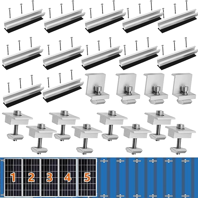 Solar Panel Bracket Kit, 12 Pcs Aluminium Mounting Rail 200mm, Solar Panel Mount 30mm/35mm, Z-Bracket Set, Center Clamps, Solar Mounting Rail Connector for Metal Roof, Tin Roof, Flat Roof, Sheet Roof