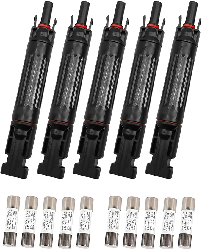 5 Pcs 30A Solar Fuse Holder Inline with Male and Female Connector for Solar Panel and Solar Controller, IP68 Waterproof Solar Fuse Connector with 10 Fuse