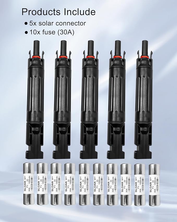 5 Pcs 30A Solar Fuse Holder Inline with Male and Female Connector for Solar Panel and Solar Controller, IP68 Waterproof Solar Fuse Connector with 10 Fuse
