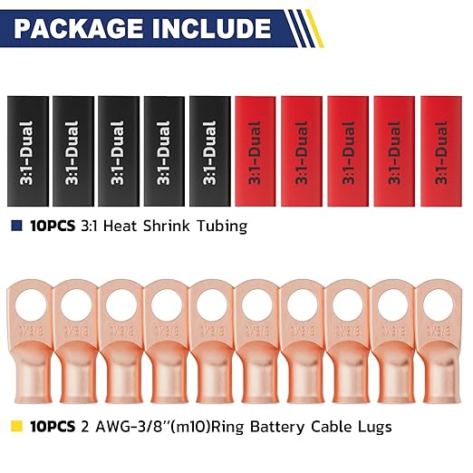 haisstronica 10pcs 2 AWG - 3/8" (M10) Battery Cable Lugs, Heavy Duty Copper Wire Lugs with 10pcs 3:1 Adhesive Heat Shrink Tubing, 2 Gauge Wire Connectors Battery Terminal Connector, Battery Cable Ends