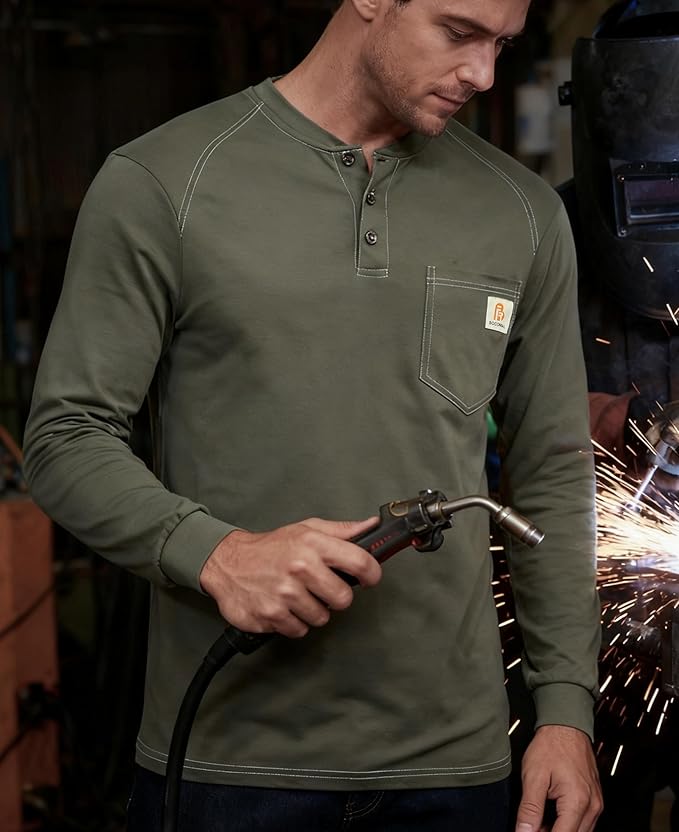 BOCOMAL Men's FR Henley Shirt Flame Resistant 5.5oz Cotton Long Sleeve Workwear UL NFPA2112 CAT2 Welding Tee