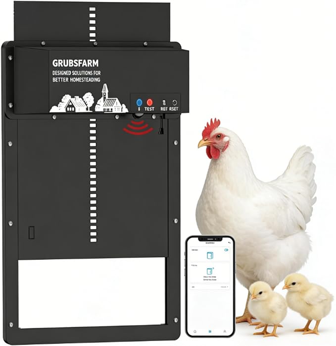 Automatic Chicken Coop Door - Programmable w/App & Timer, Solar/Battery/Grid Powered, Motion Sensor for Anti-Pinch,Plug & Play Electric Door, Aluminum for Weatherproof, Low Battery Alert