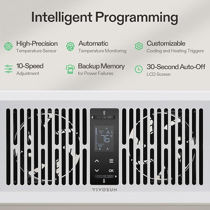 VIVOSUN Quiet Register Booster Fan for 𝟒" 𝐱 𝟏𝟎" Holes, Cooling Heating Vent Fan with 10-Speeds App Control &Adjustable Wind Direction, Thermostat Control for Bedroom, Bathroom &Attic, White