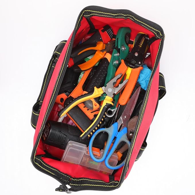 Sanwuta 3 Pack Tool Bag for Men with Waterproof Hard Bottom, Heavy Duty Tool Bag Wide Mouth Tote for Various Instrument, Electrician Carpenter Mechanic(Red, Army Green, Blue,16 Inch,Classic)