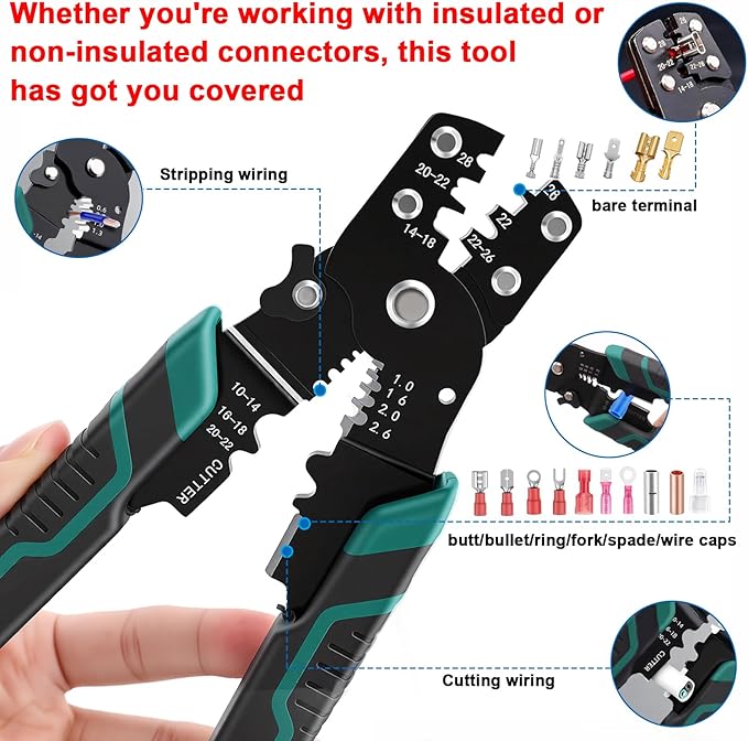 smseace Green Wire Crimping tool Wire crimper,stripper and cutterfor insulated/Bare/Heat Shrink connectors(22-10 AWG) Multifunctional stripping crimping pliers Wire stripper and crimping tool