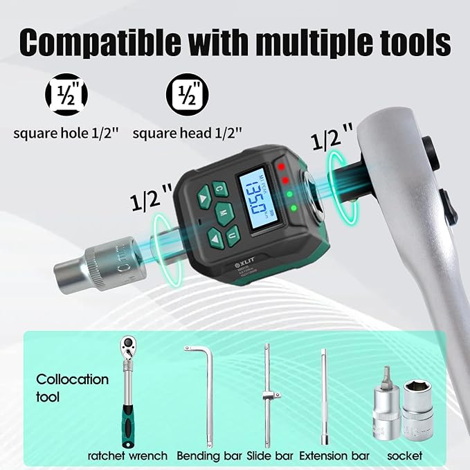 1/2" Digital Torque Adapter Set with Socket Adapters (1/4", 3/8") - 5-99 ft-lb, ±2% Accuracy, Buzzer & LED Alerts, Working with Ratchet Wrench, Breaker Bar - Automotive, Motorcycle & Car Repair