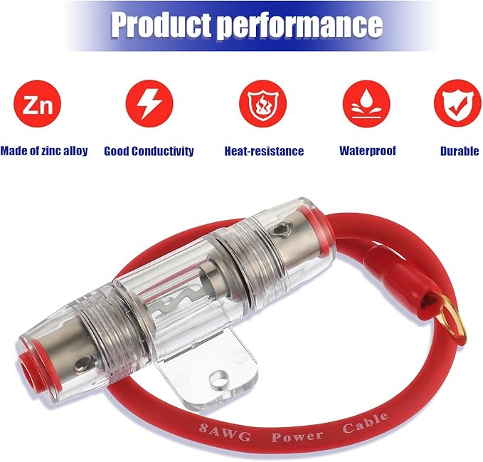BOJACK 8 Gauge AWG 1ft Power Wire with 80 Amp AGU Fuse Holder for Car Audio, Alarm, Amplifier, Compressors, Waterproof Inline Fuse Holder 80A（Pack of 2）