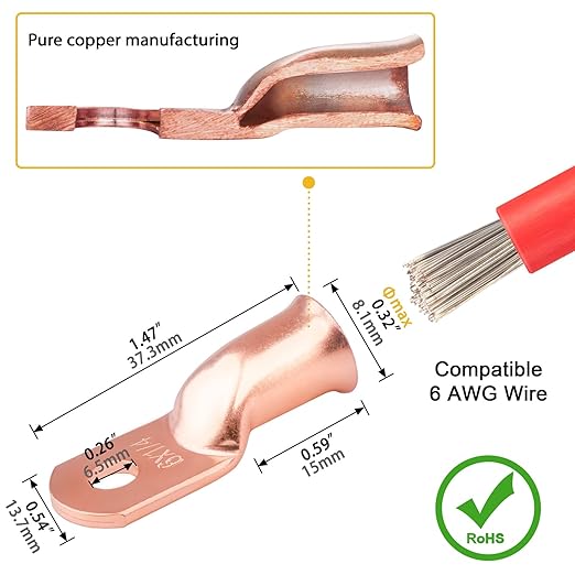 6pcs 6 Awg - 1/4" (M6) Sanuke Wire Lugs Ring Terminal Connectors Ends Heavy Duty for Battery Cable Lug Wire Electrical Eyelets with 3:1 Dual Wall Adhesive Heat Shrink