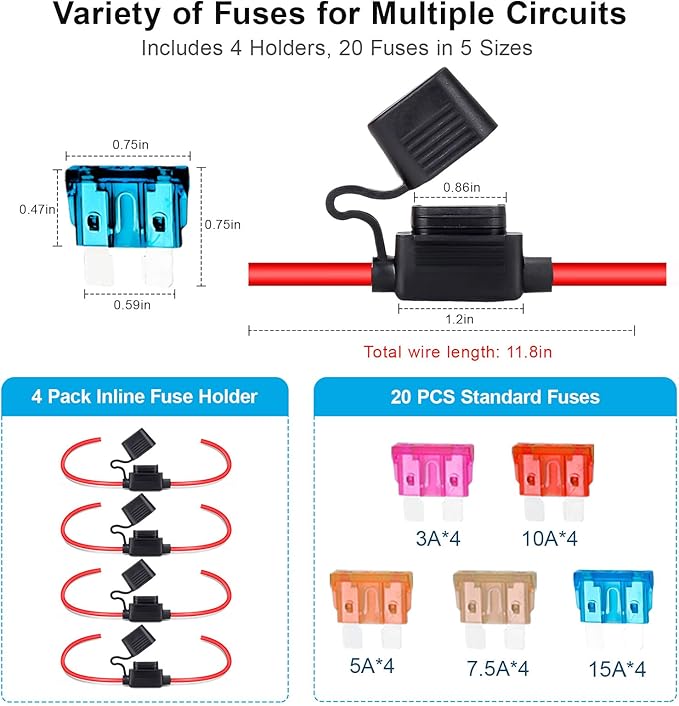 4 Pack 16AWG Inline Fuse Holder, Waterproof Precision 12V/24V Automotive Fuse Holder Kit with 20pcs ATC/ATO Fuses (3A-15A), Tinned Copper Wire for Dash Cam GPS