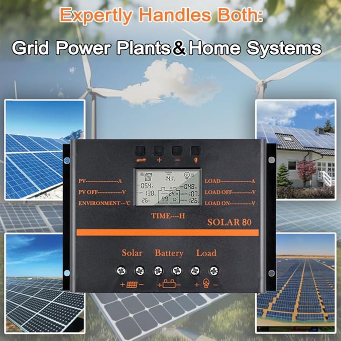 Solar Controller 80A 12V / 24V Battery Charge Regulator Auto 960W / 1920W with LCD Display Mobile Power Supply Charger 5V USB Enhanced Heat Sink (80A)