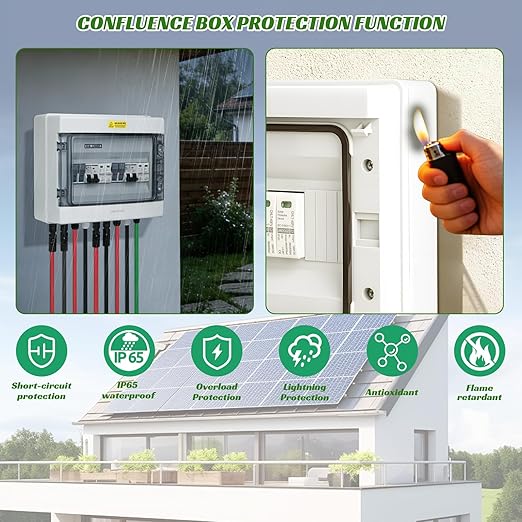 2 in 2 Out Solar Combiner Box,PV Combiner Box with 20A PV Fuse,DC 20A Circuit Breaker and Surge Protector,IP65 Solar Disconnect Switch Box for Indoor Outdoor Solar Panel System (2 in 2 Out 20A 500V)