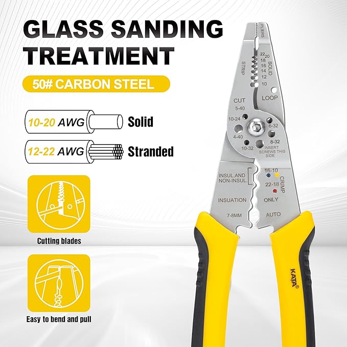 KATA 8-Inch Wire Stripper Tool - Professional Wire Stripping, Cutting & Crimping Pliers for 10-22 AWG Solid & Stranded Wire - Heavy Duty Electrician Hand Tool with Non-Slip Grip
