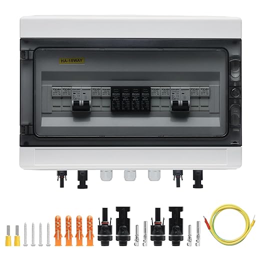 PV Solar Combiner Box,50A 500V Junction Box IP65 Waterproof 4 String 4 in 2 Out PV Combiner Box for Solar Panel