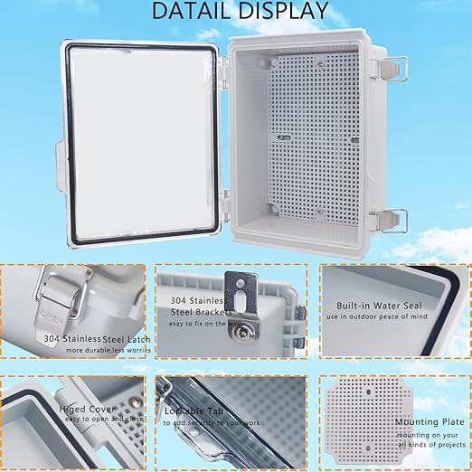 IP67Junction Box, ABS Plastic Outdoor Waterproof Box Electrical Enclosure with Stainless Steel Latch, Hinged Cover Electric Box with Mounting Plate 8.3"x6.3"x3.9"