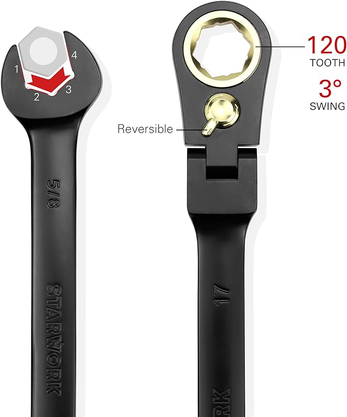 STARWORK TRUE MECHANIC™ 20 Pc. 120-Tooth Flex-Head Reversible Ratcheting Wrench Set, Combination Ratchet Wrench Set, Anti-Slip, Long Pattern, 6-Point, Professional, SAE/Metric