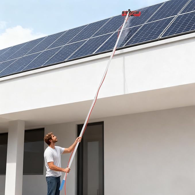 Reach Solar Panel Cleaning Brush Kit, 14" Width Cleaning Brush, Window Washing Equipment Kit with Telescopic Pole 65ft Water Hose Ideal for Snow Removal Windows Boats RVs Decks (26.25ft)