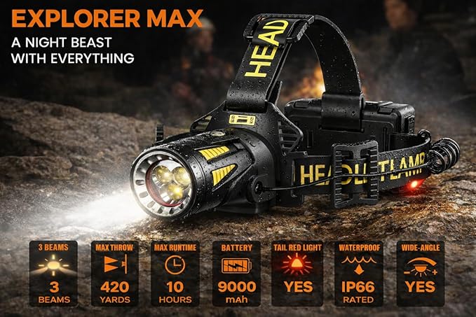 Triple-Beam Rechargeable Headlamp, LED Head Light, Head Lamp for Search and Rescue, USB-C, Outdoor use, Emergencies, Gift and More