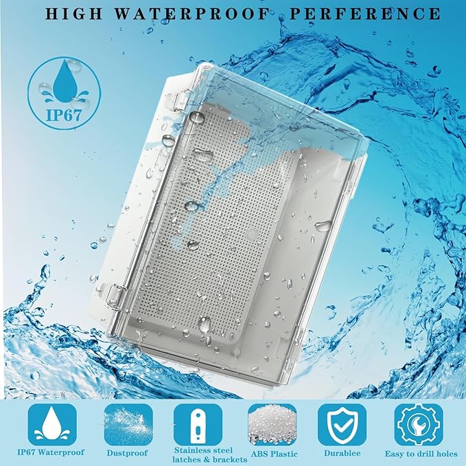 Waterproof Outdoor Electrical Box Junction Box Weatherproof IP67 ABS Plastic Enclosure Switch Router Project Box with Mounting Plate with Wall Bracket 2 Cable Glands Clear 14.6"x10.63"x5.9"