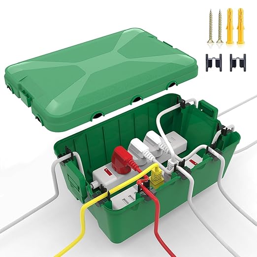 Large Outdoor Waterproof Electrical Box(12.9X 8.3 x 5.2 inch), IP54 Weatherproof Extension Cord Cover with 7 Cable Seal Entry, Protect Power Strip, Timer Outlet Plug, Holiday Light Decoration, Green