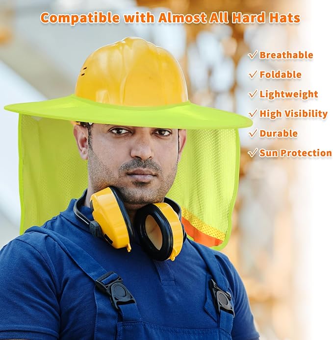 4 Pack Hard Hat Sun Shade Full Brim, Hard Hat Visor Mesh Neck Sun Shield with Reflective Strips Neck Sunshade Cover, Hard Hat Accessories（Yellow）