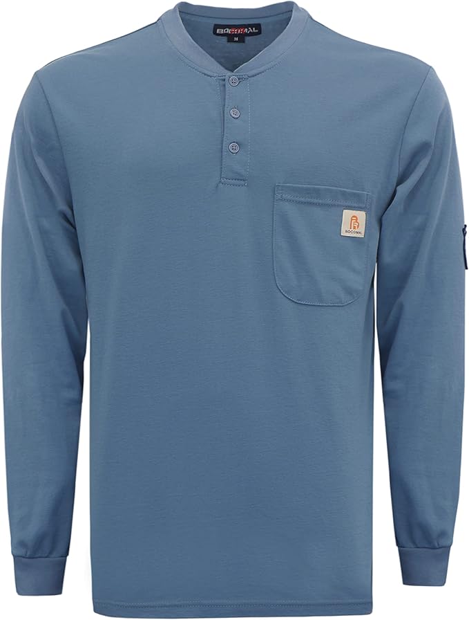 BOCOMAL FR Shirts Flame Resistant Shirt 5.5oz 100% Cotton Light Weight CAT2 Fire Retardant Henley Shirts
